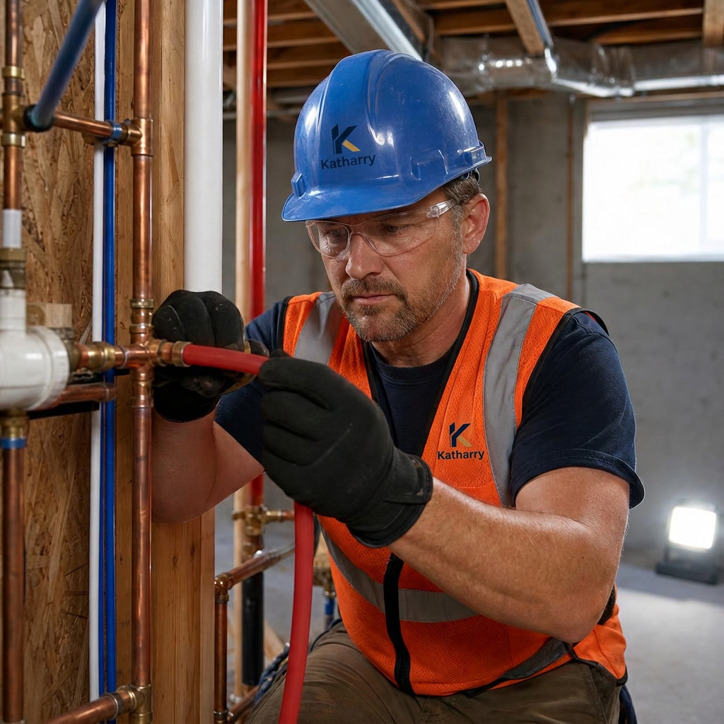 Katharry tradesperson soldering copper pipe during plumbing and HVAC rough-in