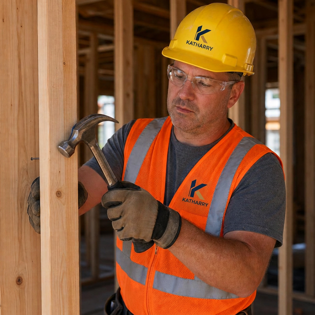 Katharry carpenters framing an interior wood-stud wall with a nail gun
